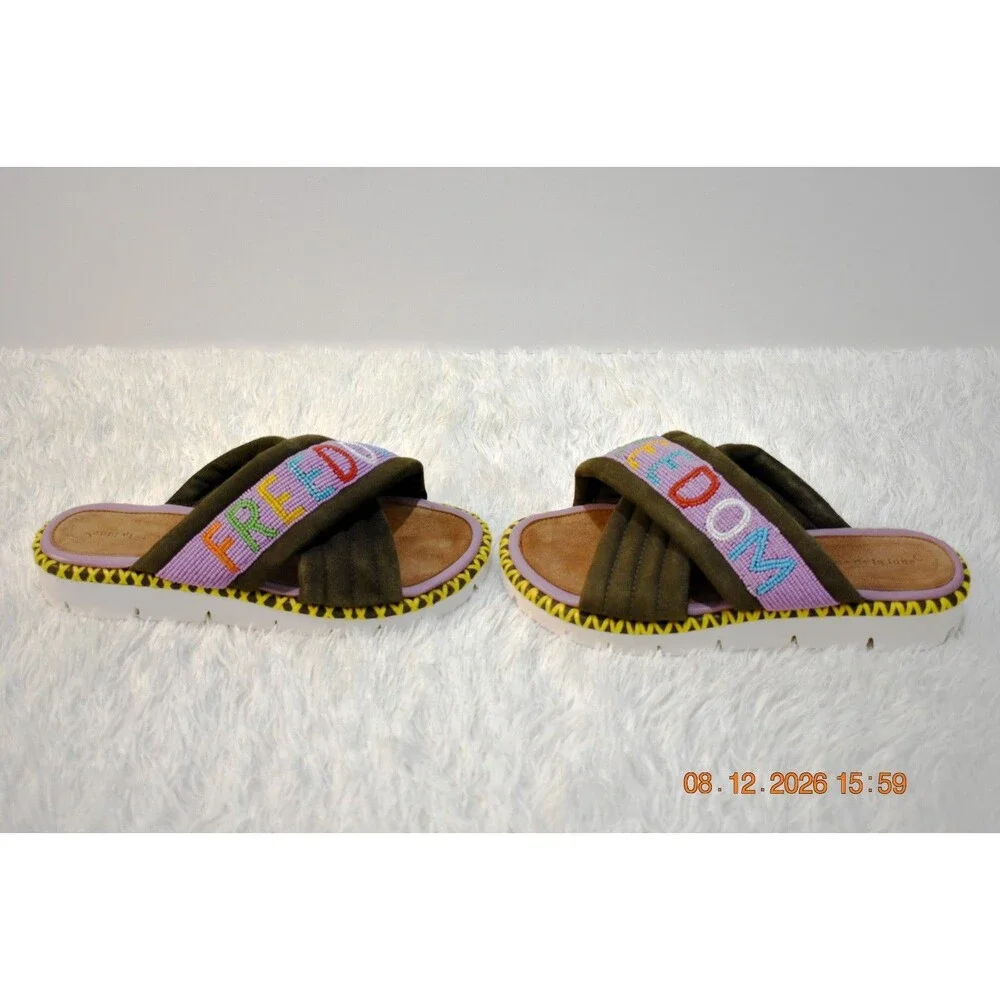 Rue De La Lune X Freedom Beaded Platforms Olive Suede Multicolor - Women's 39/8